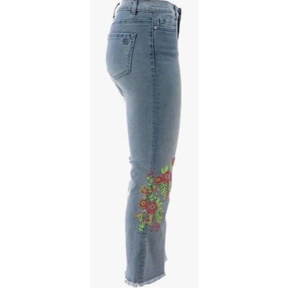 DG2 Diane Gilman Neon Embroidered Flare Crop Jeans Raw Hem 697-739 Midtone Size - Picture 2 of 4